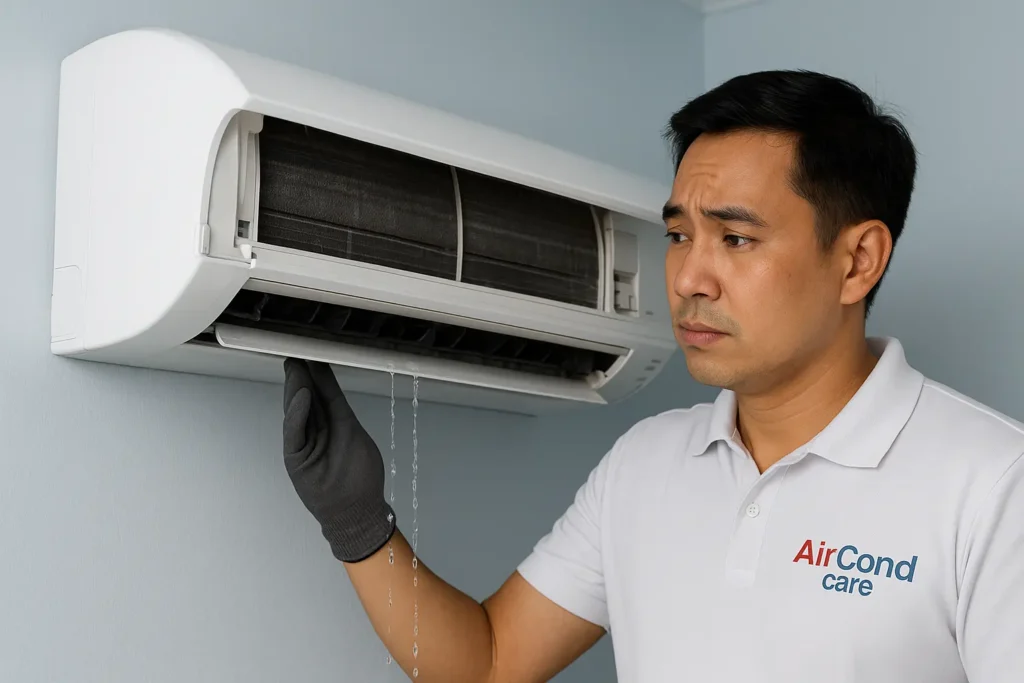 AirCond Care technician fixing leaking air conditioner