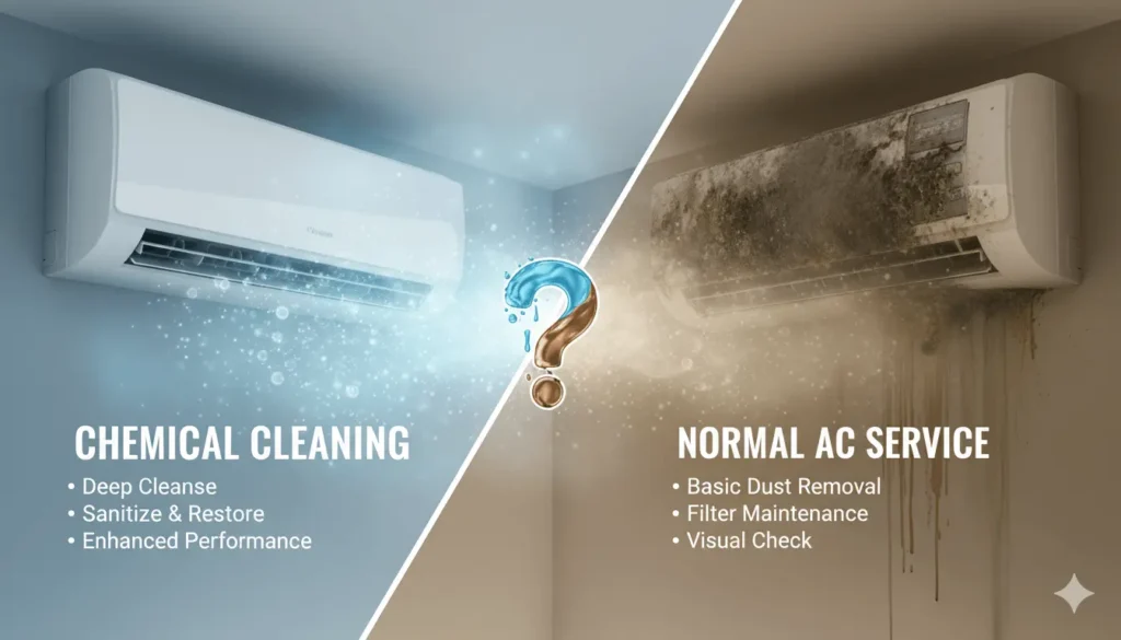 Comparison between chemical cleaning and normal AC service showing clean and dirty air conditioner units