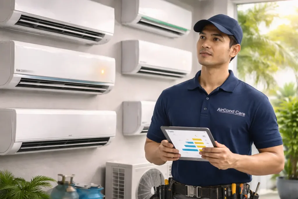 Best aircond brands Malaysia 2026 - technician checking AC units