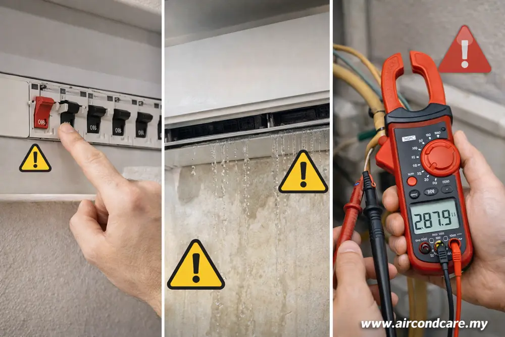 AC tripping main switch due to electrical overload and water leakage
