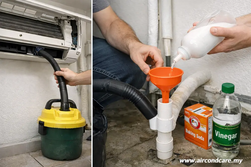 Clogged aircon drain pipe being cleaned