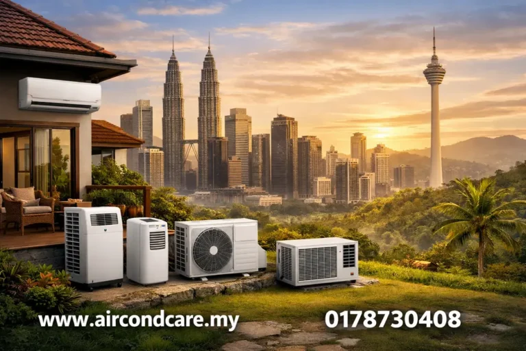 Comparison diagram of split, window, and portable air conditioner types for Malaysian homes.