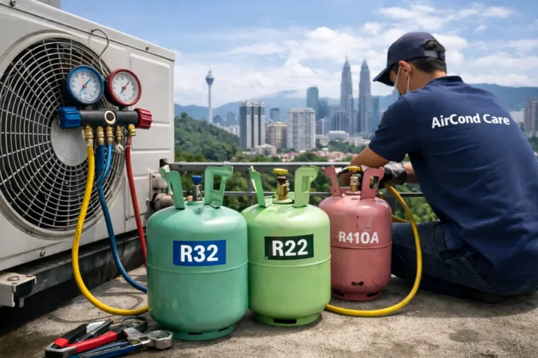 Aircond gas refill price Malaysia – technician refilling R32 and R22 refrigerant using gauge manifold on outdoor aircond unit