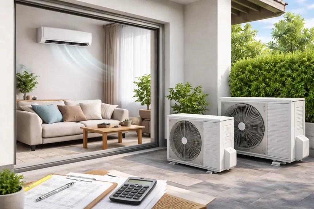 Aircond HP sizing guide Malaysia showing indoor and outdoor units for home cooling