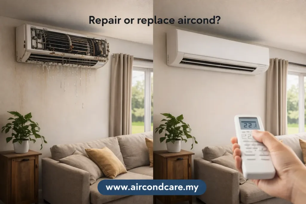 Repair or replace aircond with old leaking unit vs new AC indoors