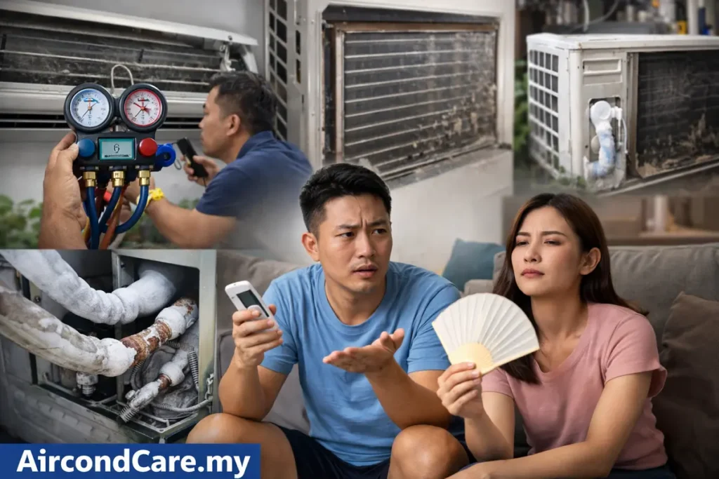 aircond not cold after service showing technician inspection dirty unit and frustrated homeowners with weak cooling