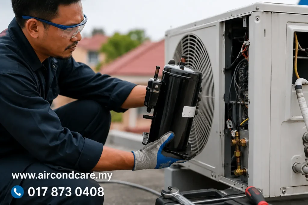 Aircond compressor replacement service in Malaysia by AirCond Care technician