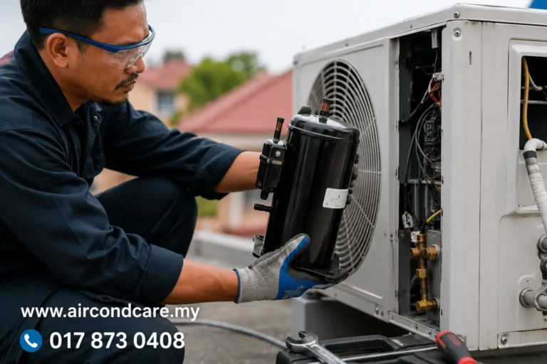 Aircond compressor replacement service in Malaysia by AirCond Care technician