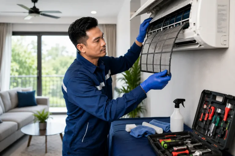 Aircond service near me in KL and Selangor featuring a technician cleaning a wall-mounted air conditioner in a modern Malaysian home.