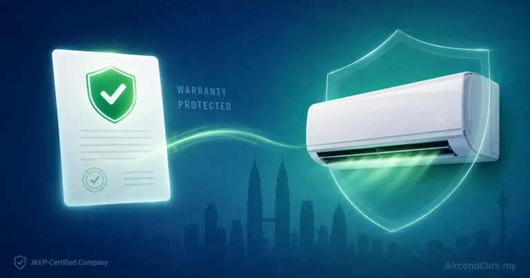 Aircond warranty protection in Malaysia — a glowing warranty document shield covers a modern wall‑mounted air conditioner, with KL skyline in the background.