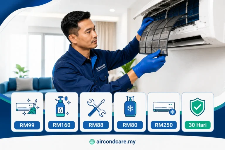 Panduan harga servis aircond rumah 2026. Cuci biasa RM99, chemical RM160, repair RM88, gas RM80, pasang RM250, waranti 30 hari. AircondCare.my.