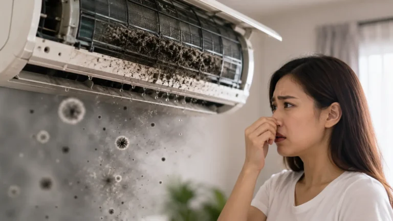 Aircond berbau hapak dengan kotoran dan kulat pada bahagian dalam unit penghawa dingin.