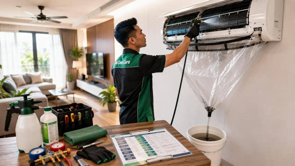 Aircond chemical wash price Malaysia 2026 guide showing deep cleaning process with technician removing dirt and mould from evaporator coil.