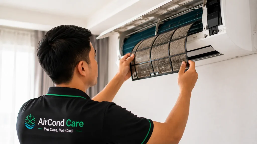 Juruteknik AirCond Care memeriksa penapis aircond yang kotor sebagai salah satu punca aircond tak sejuk di rumah Malaysia.